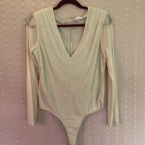 Venus Beaded Pearl Cream / Nude Mesh Longsleeve Bodysuit L/XL
